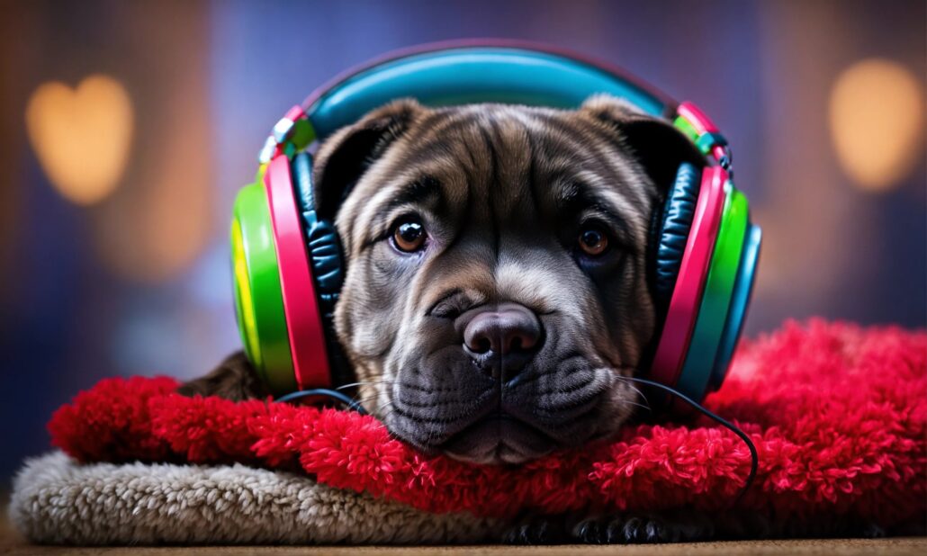 cane bulldog nano con cuffie audio