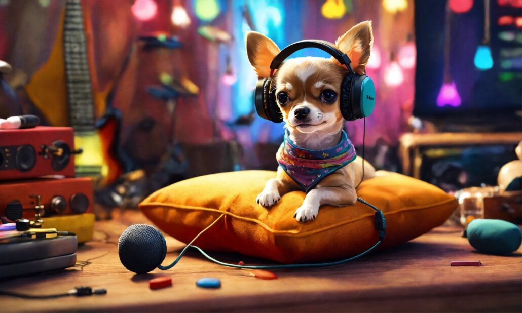 chihuahua con cuffie audio rock