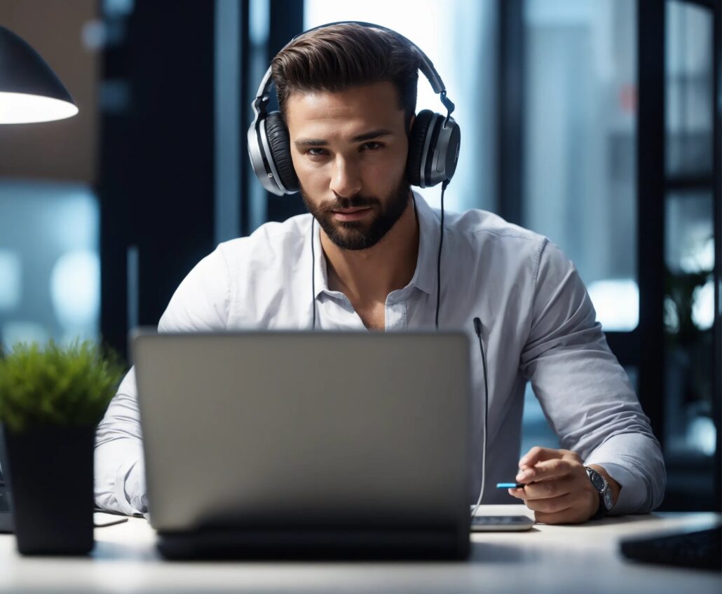 uomo ascolta musica mentre lavora al computer in ufficio